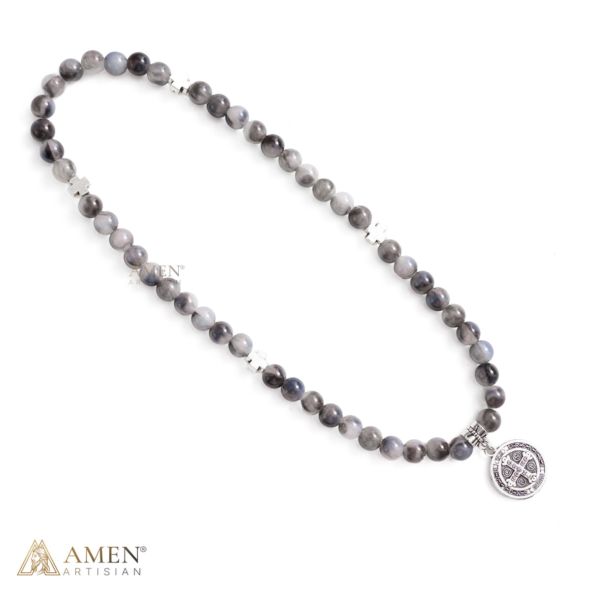 St. Benedict Medal Stretch Bracelet with Marbled Gray Beads