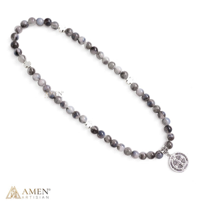 St. Benedict Medal Stretch Bracelet with Marbled Gray Beads