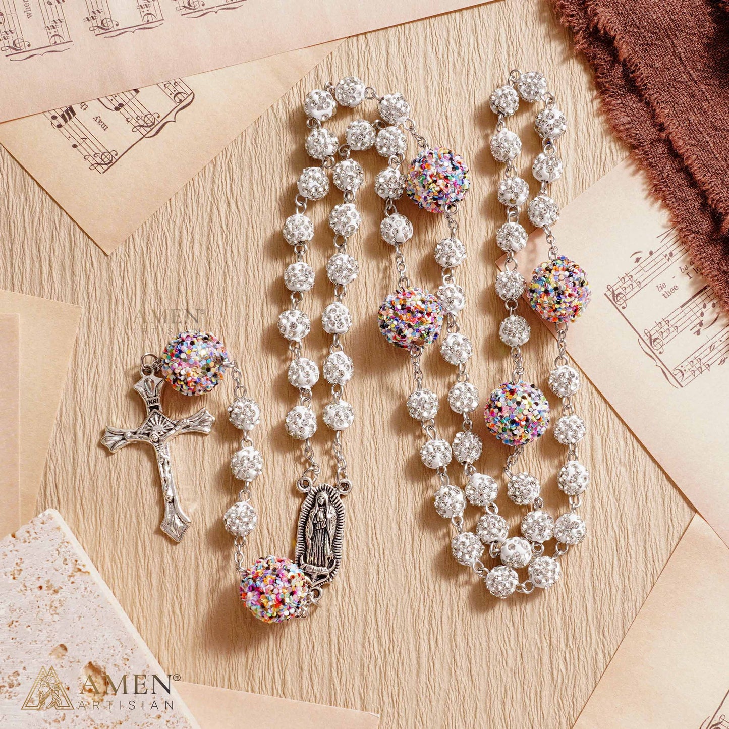 【DEAL TODAY】Our Lady of Guadalupe Five-Decade Rosary with Sparkling Rhinestone Beads and Colorful Sequin Accents — Grace and Devotion | Amen Artisan