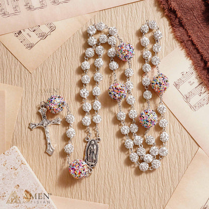 【DEAL TODAY】Our Lady of Guadalupe Five-Decade Rosary with Sparkling Rhinestone Beads and Colorful Sequin Accents — Grace and Devotion | Amen Artisan