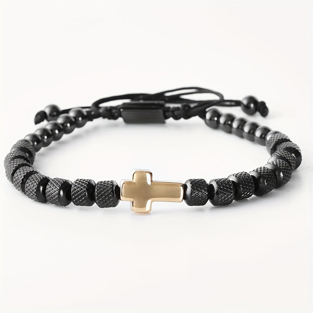 Adjustable Cross Bead Bracelet with Woven Cord