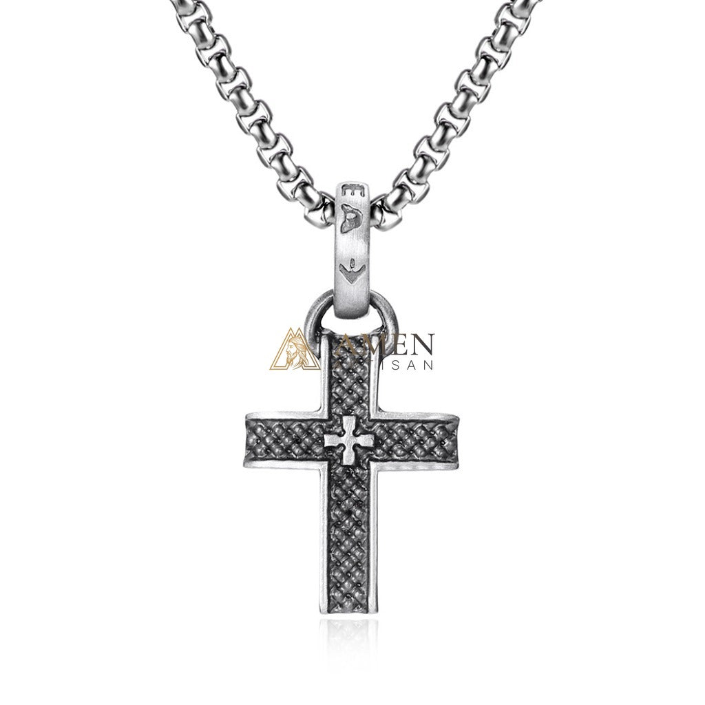 Double Layer Textured Cross Pendant Necklace Amen Artisan