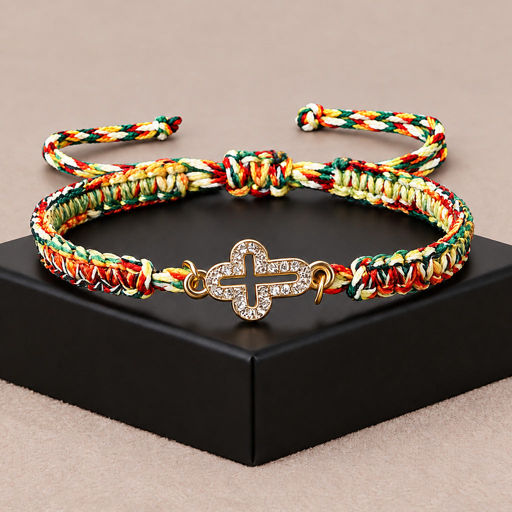 Faith in Every Thread – Handwoven Adjustable Sparkling Cross Bracelet