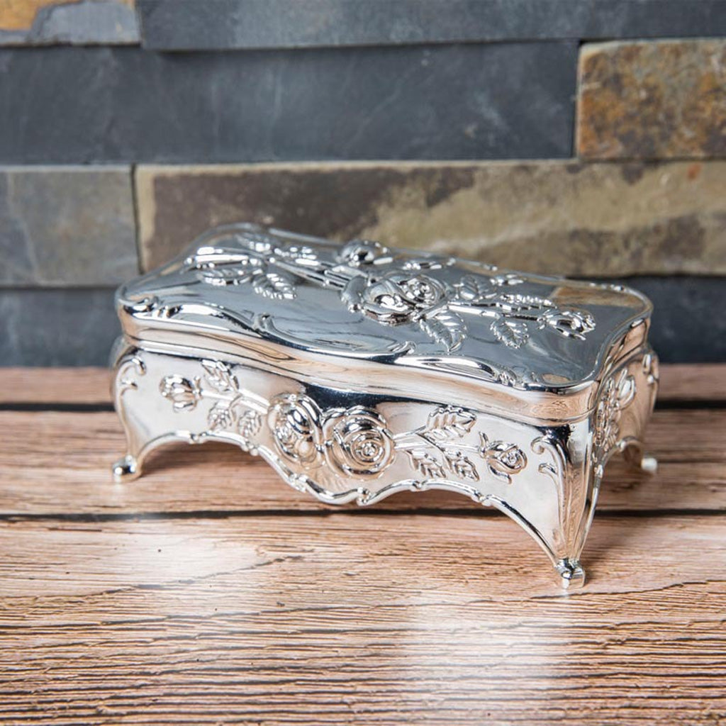 Vintage Rose Metal Rosary Keepsake Box with Raised Floral Details