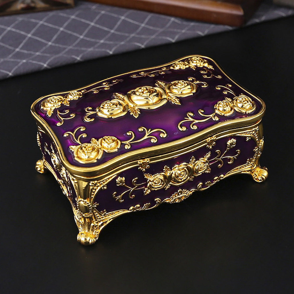 Vintage Rose Metal Rosary Keepsake Box with Gold-Tone Details