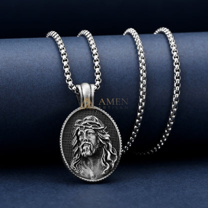 Jesus Crown of Thorns Oval Pendant Necklace Amen Artisan
