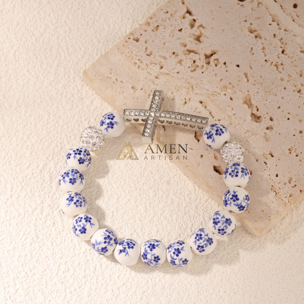 Blue and White Porcelain Zircon Bracelet Amen Artisan