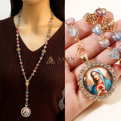 Heart-Shaped Stained Glass Our Lady Pendant Necklace Amen Artisan