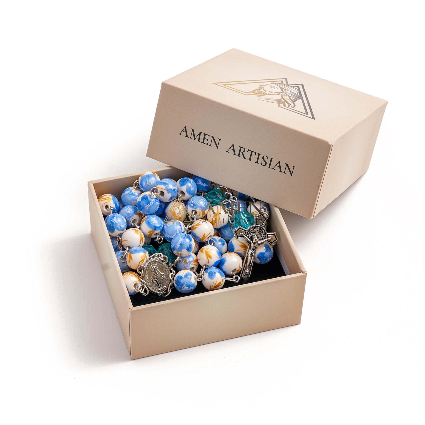 Blue Floral Ceramic Rosary Amen Artisan