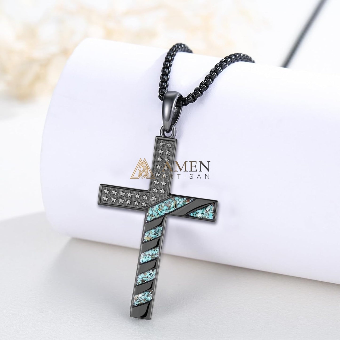 Star-Spangled Banner Turquoise Shard Cross Pendant Necklace Amen Artisan