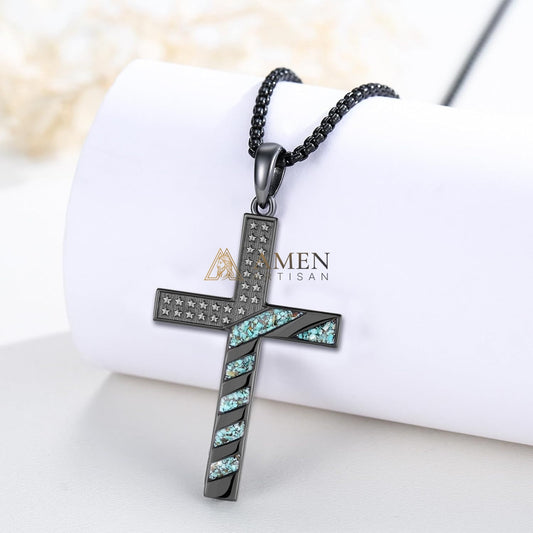 Star-Spangled Banner Turquoise Shard Cross Pendant Necklace Amen Artisan