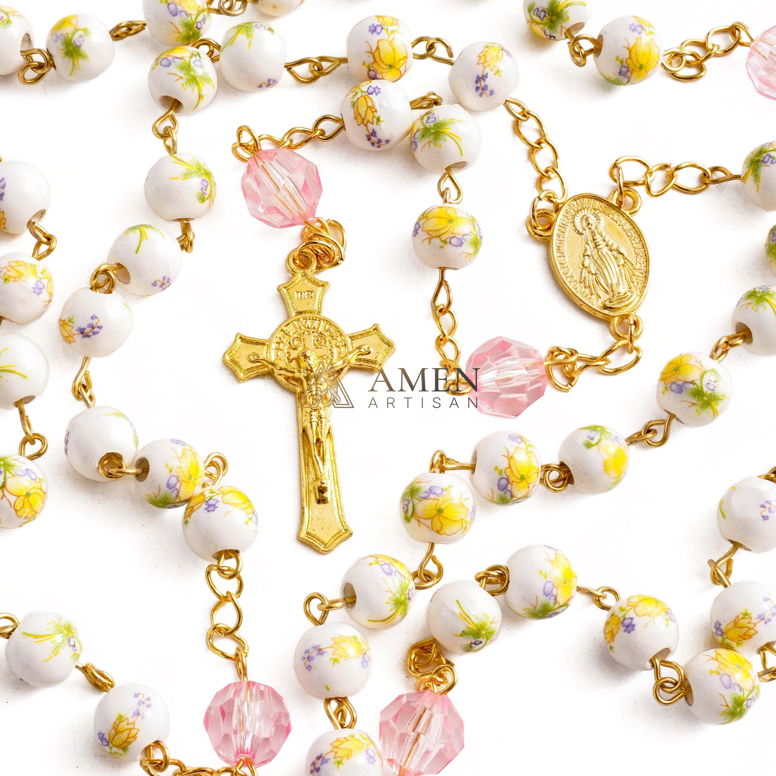 Yellow Daffodils Pink Glass Crystal Miraculous Medal Crucifix