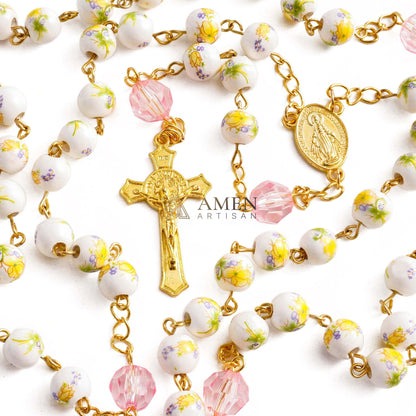 Yellow Floral Ceramic Rosary Amen Artisian