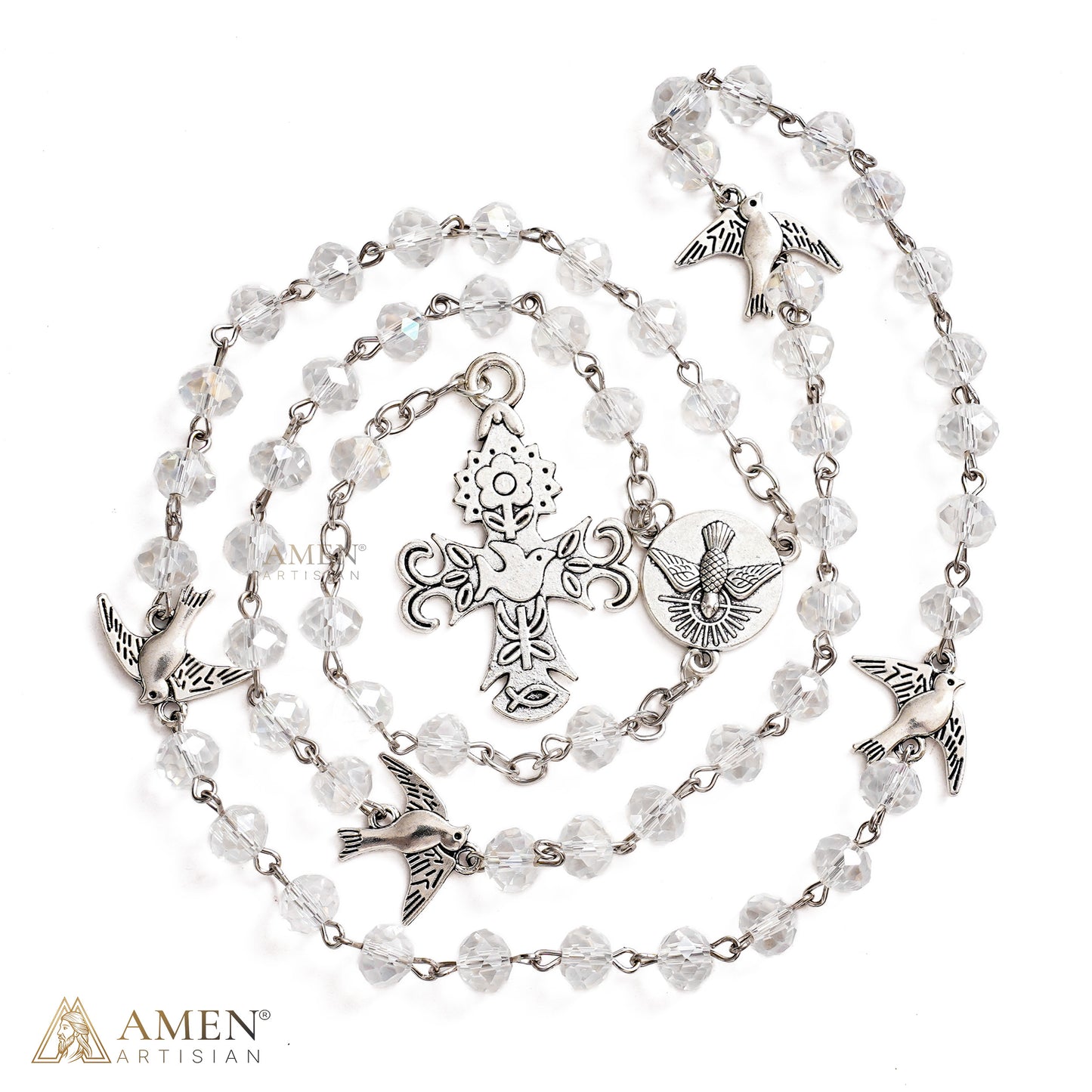 Holy Spirit Dove Rosary-Style Necklace with Clear Faceted Beads