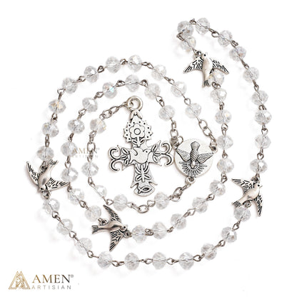 Holy Spirit Dove Rosary-Style Necklace with Clear Faceted Beads