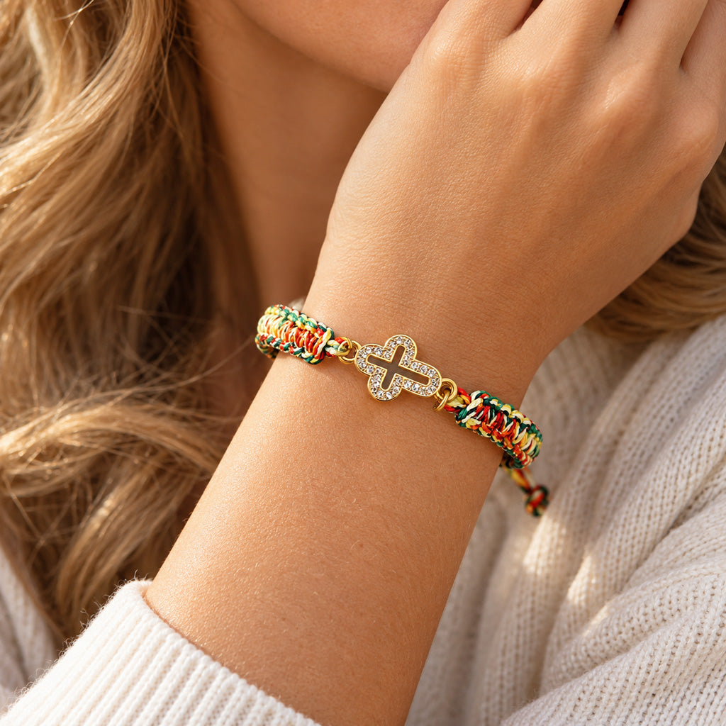 Faith in Every Thread – Handwoven Adjustable Sparkling Cross Bracelet