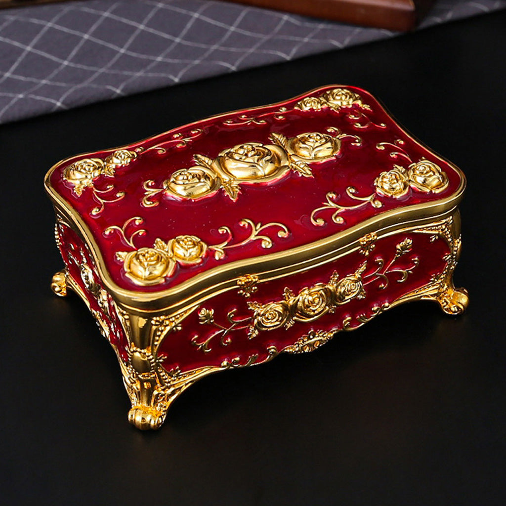 Vintage Rose Metal Rosary Keepsake Box with Gold-Tone Details