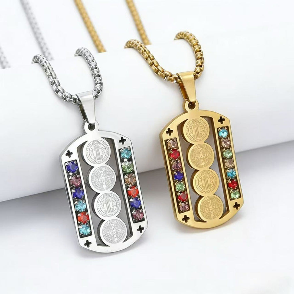 St. Benedict Medal Necklace — 316 Stainless Steel with Multicolor Stone Accents