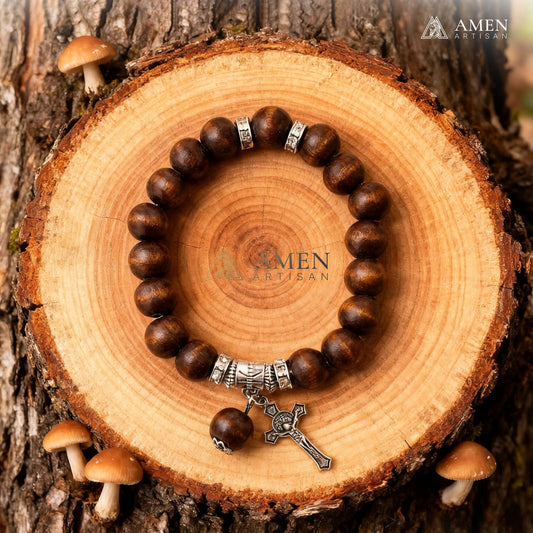 Amen Artisan Brown Wooden Beads Crucifix Elastic Cord Bracelet