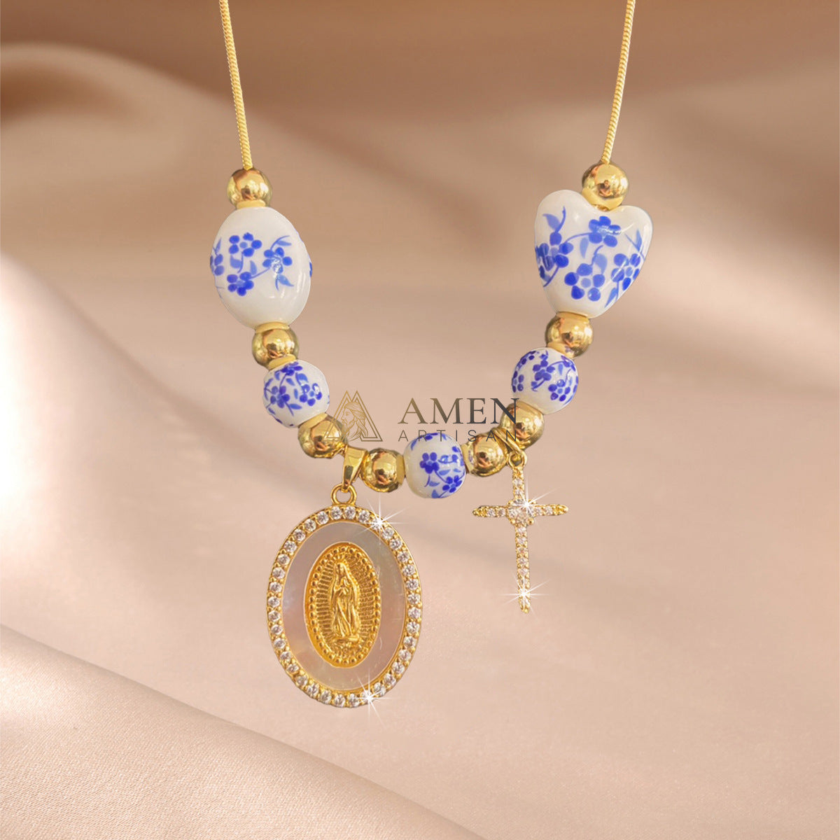 Floral Ceramic and Zircon Virgin Mary Cross Necklace Amen Artisan