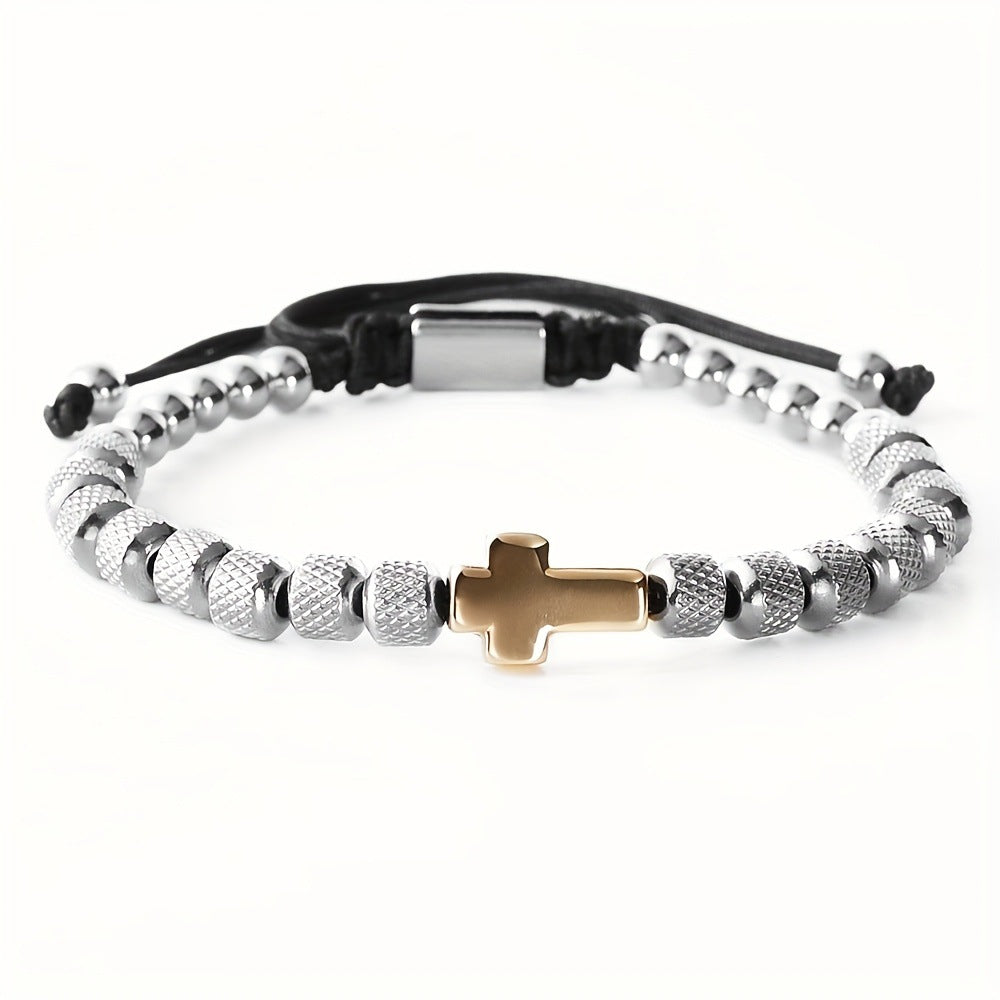Adjustable Cross Bead Bracelet with Woven Cord