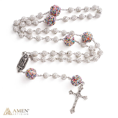 【DEAL TODAY】Our Lady of Guadalupe Five-Decade Rosary with Sparkling Rhinestone Beads and Colorful Sequin Accents — Grace and Devotion | Amen Artisan