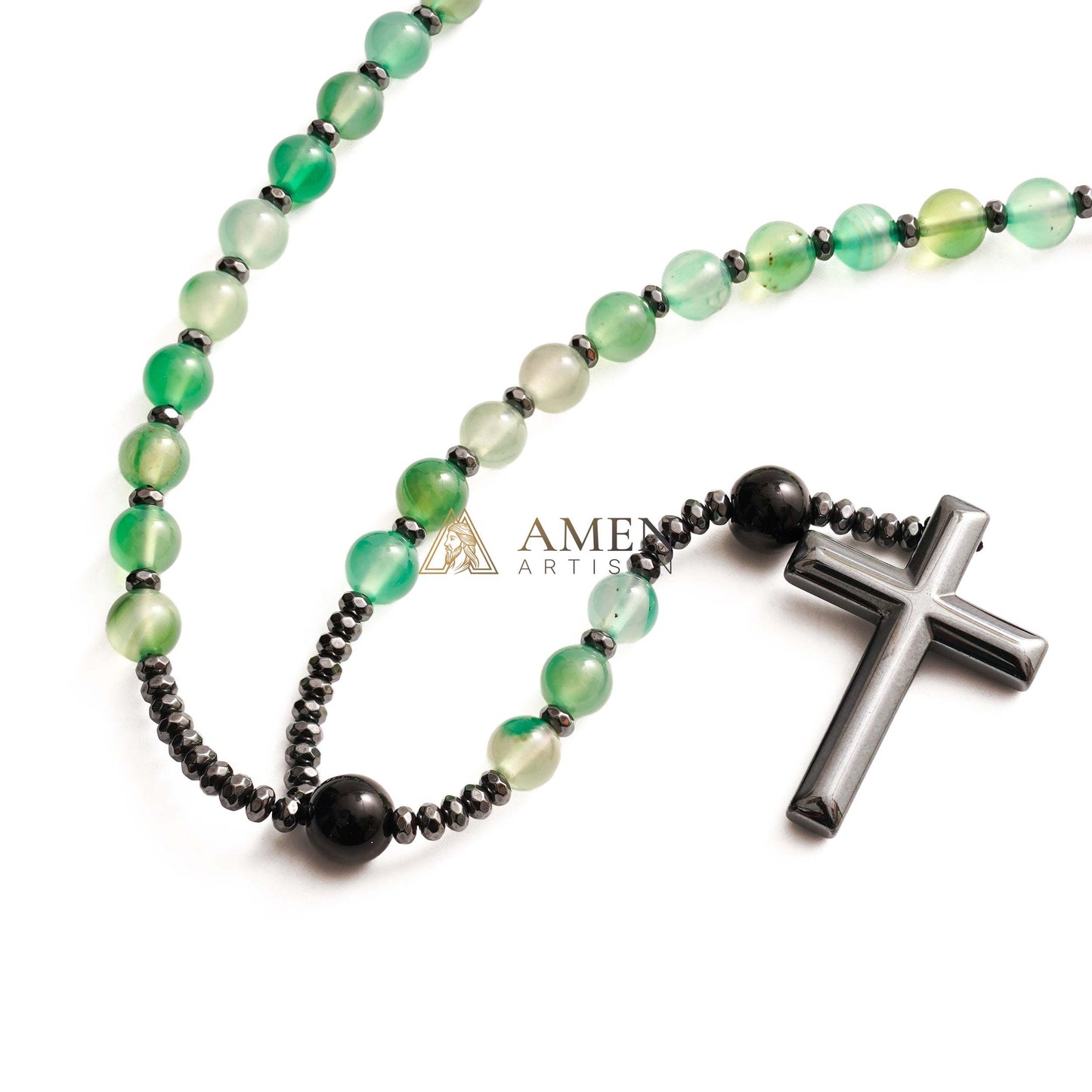 Green Agate Rosary with Cross Amen Artisan