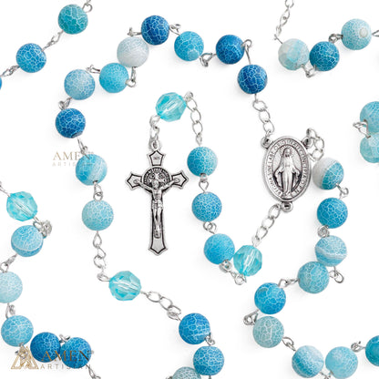 Our Lady Natural Blue Stone Rosary — Miraculous Medal & St. Benedict Crucifix