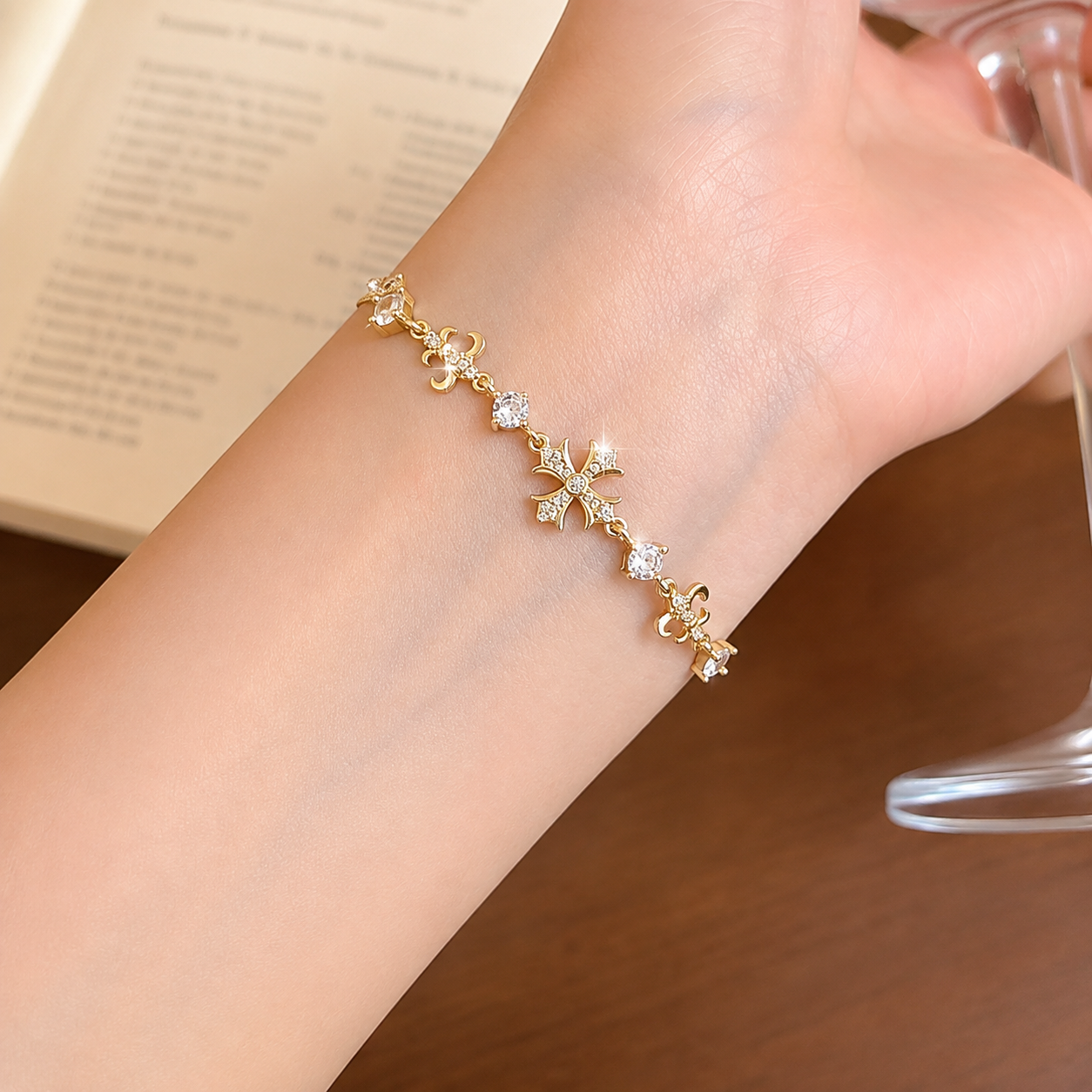 Adjustable Ornate Cross Bolo Bracelet with Sparkling Accents