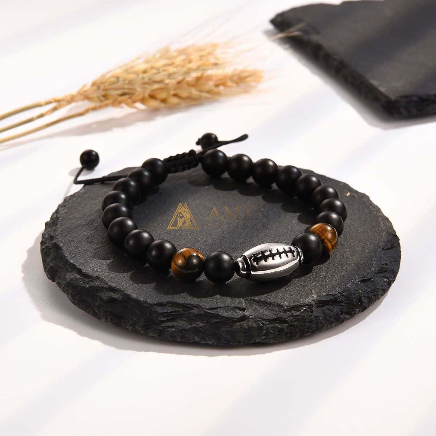 Natural Stone Bead Football Braided Bracelet Amen Artisan