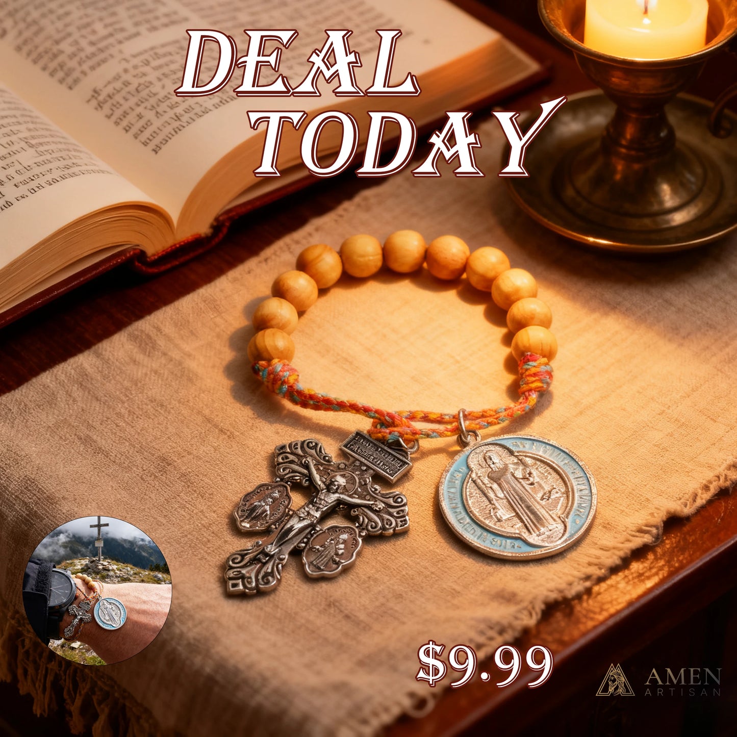 Olive Wood Saint Benedict Medal Crucifix Pocket Rosary