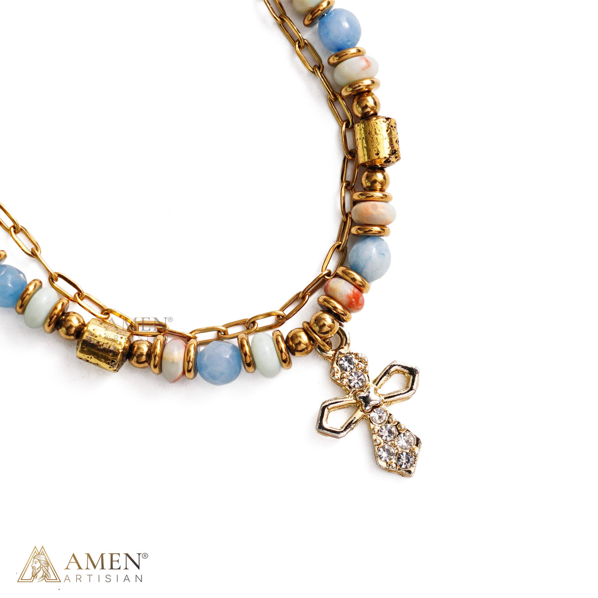 Layered Beaded Bracelet with Sparkling Cross Charm