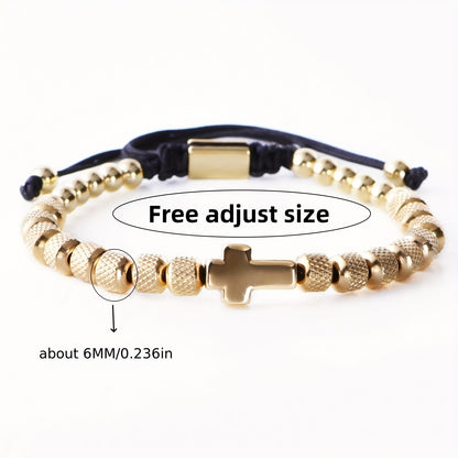 Adjustable Cross Bead Bracelet with Woven Cord
