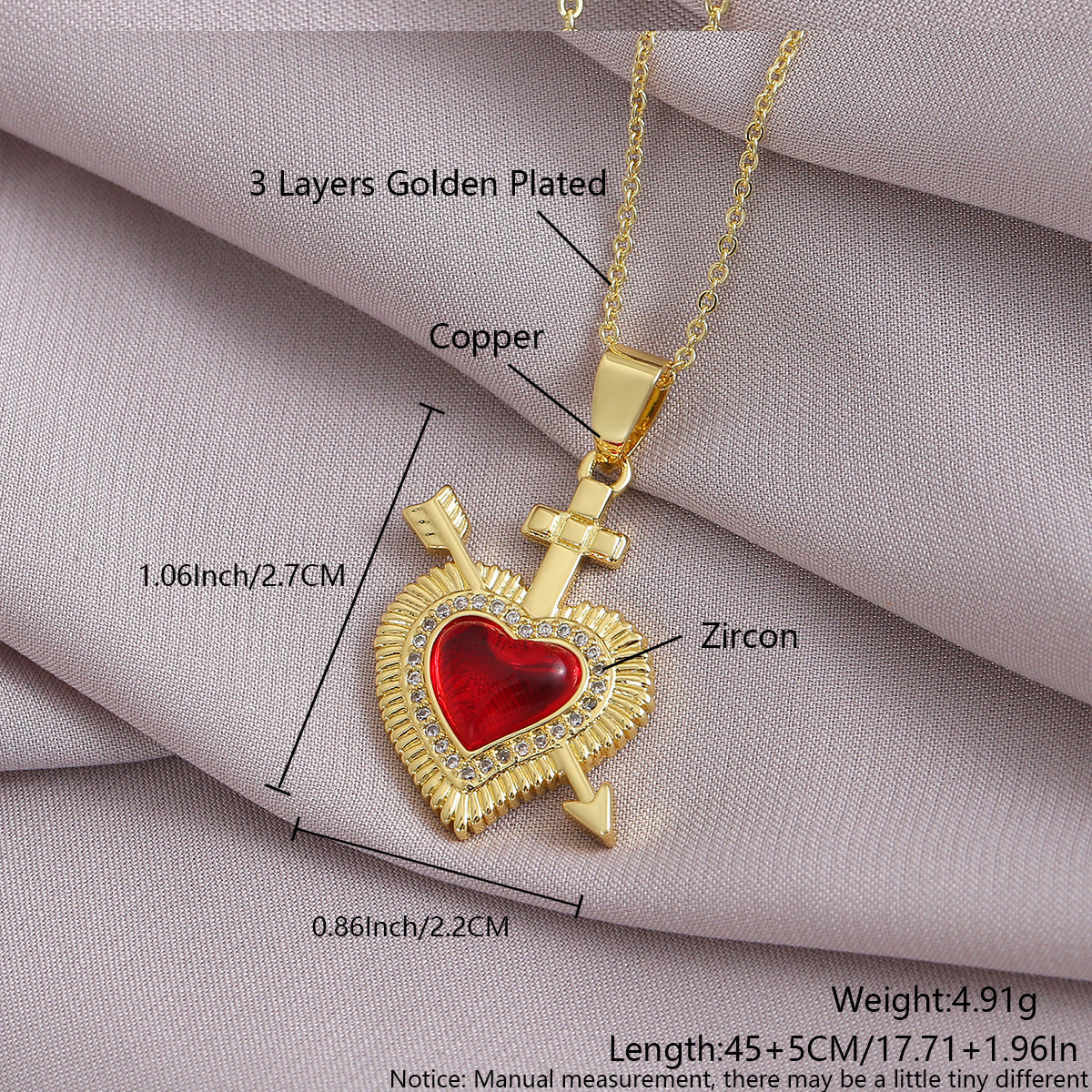 Gold-Plated Gothic Heart CZ Cross Pendant Amen Artisan
