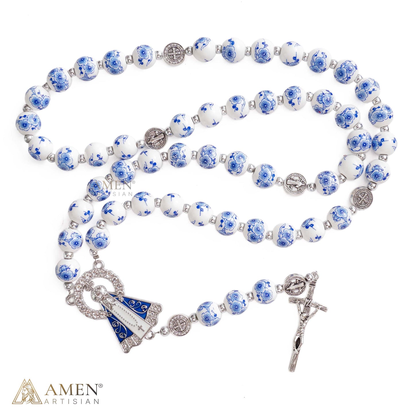 Blue Floral Ceramic Rosary with Marian Pendant and St. Benedict Medals — Grace and Peace | Amen Artisan