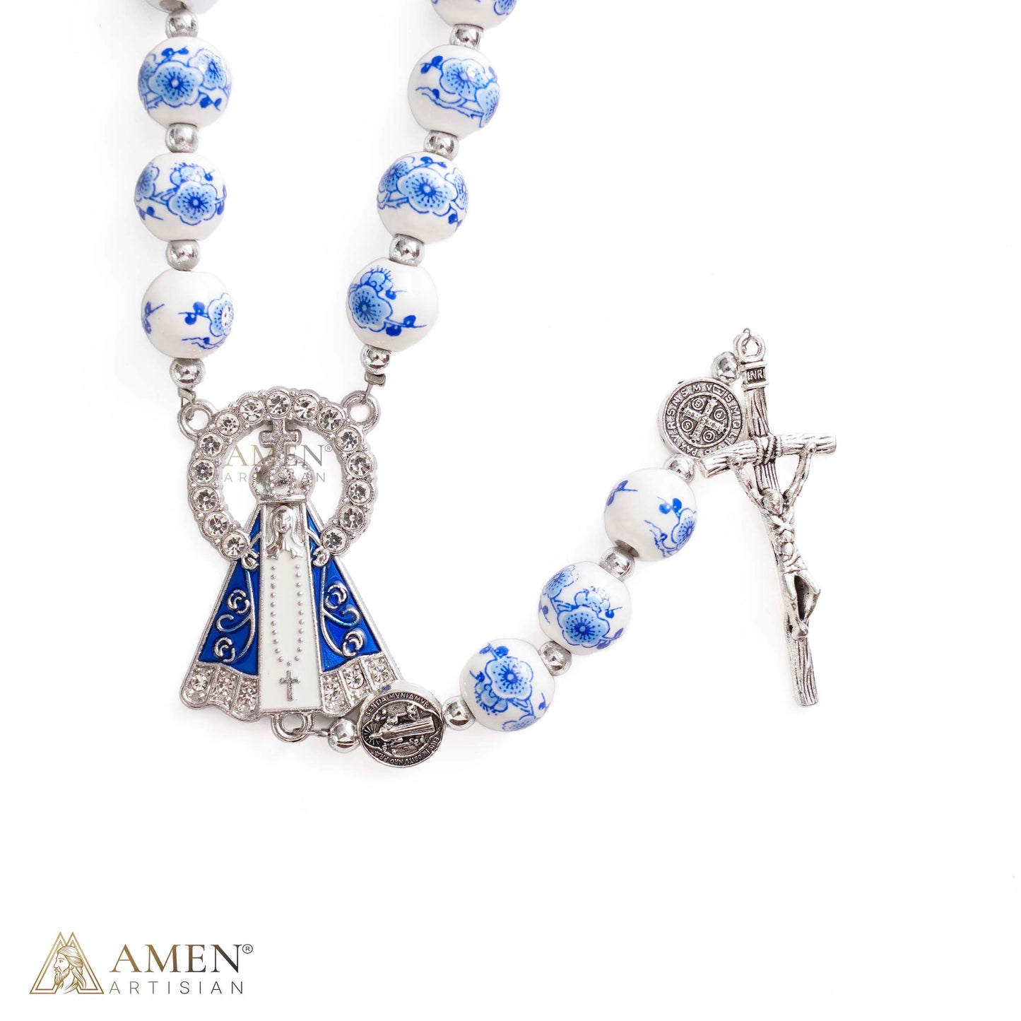 Blue Floral Ceramic Rosary with Marian Pendant and St. Benedict Medals — Grace and Peace | Amen Artisan