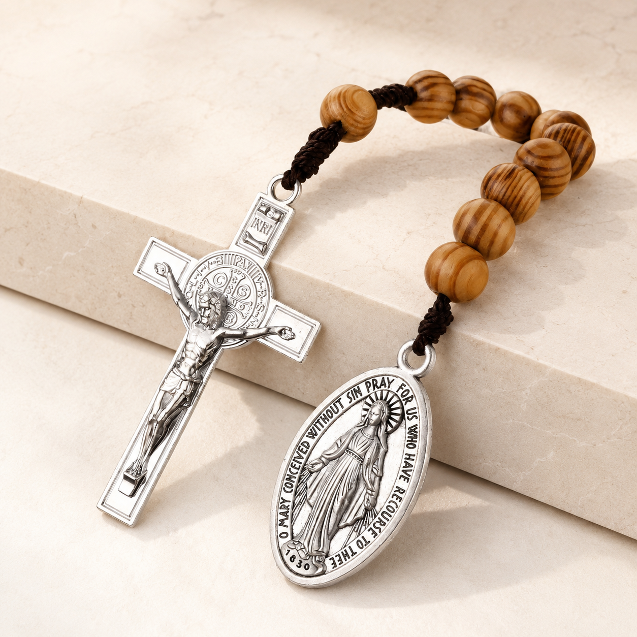 Portable Wooden Decade Rosary with St. Benedict Cross - Blessing & Peace | Amen Artisan