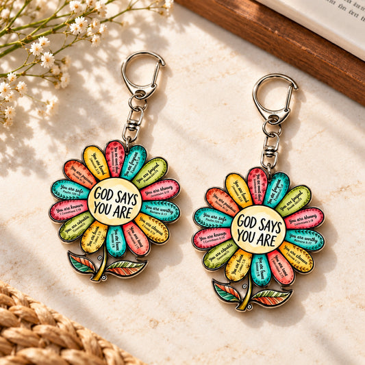 God Says You Are Scripture Flower Keychain