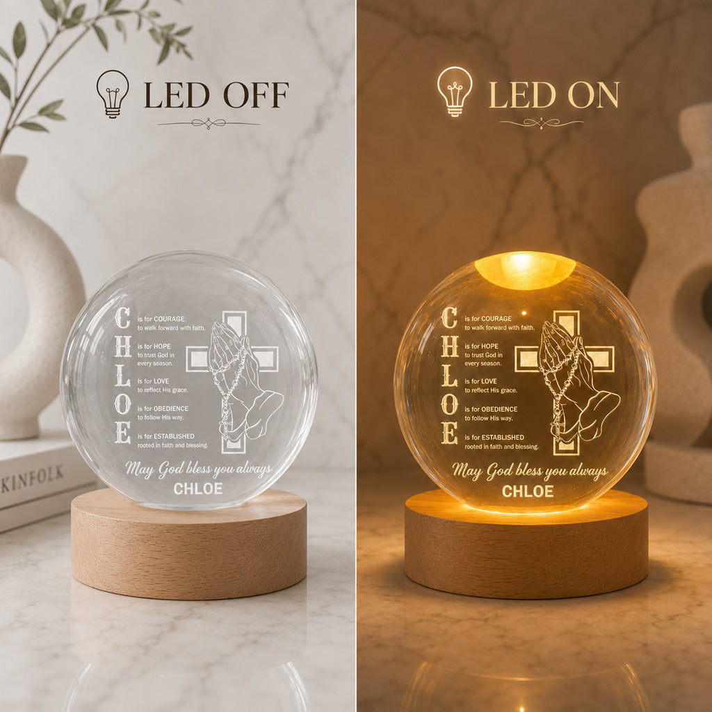 Personalized Name Faith Blessing Crystal Ball Night Light with Praying Hands & Cross Design — Blessing