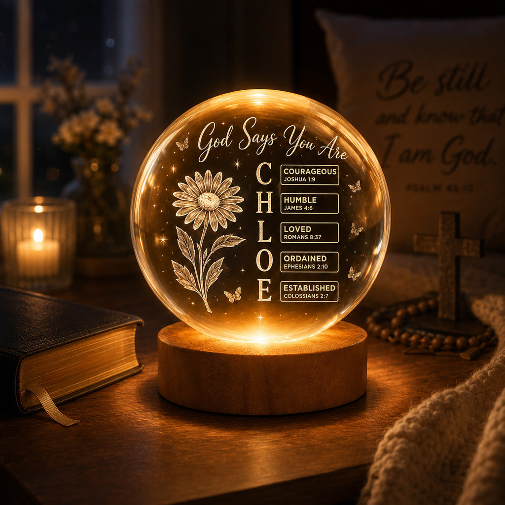 Personalized Crystal Ball Night Light with Name, Birth Flower & Bible Verse — Custom Christian 3D Engraved Keepsake Gift