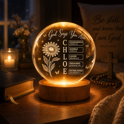 Personalized Crystal Ball Night Light with Name, Birth Flower & Bible Verse — Custom Christian 3D Engraved Keepsake Gift
