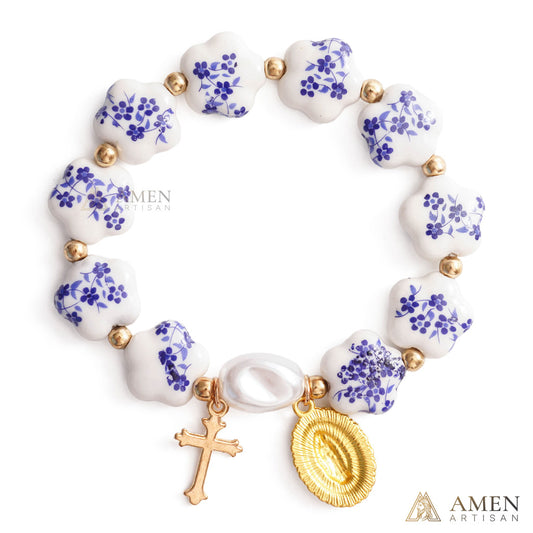 Blue Floral Ceramic Flower Bracelet with Virgin Mary Pendant - Faith & Peace | Amen Artisan