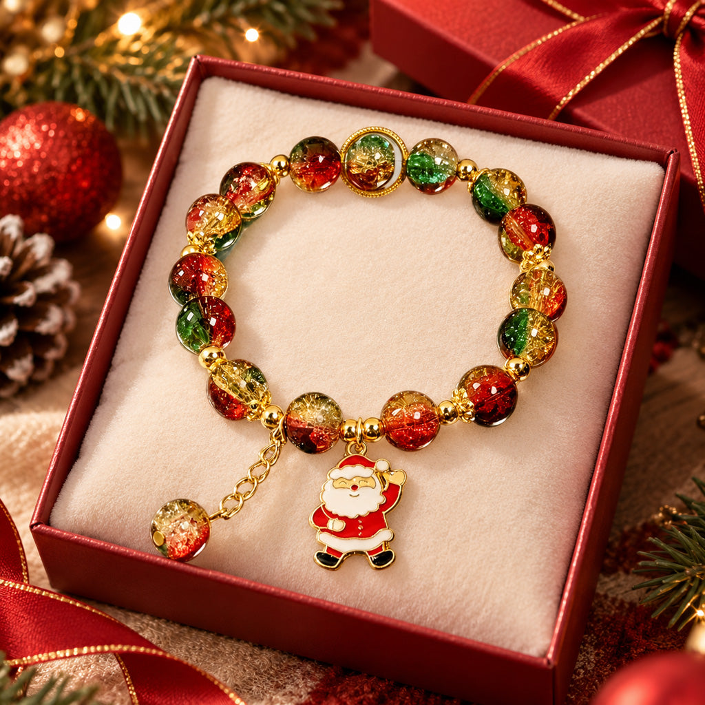 Santa Claus Christmas Glass Bead Stretch Bracelet