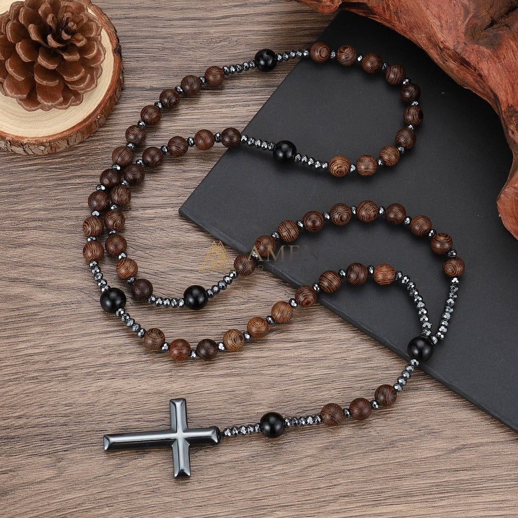 Wood Bead Cross Rosary Amen Artisan