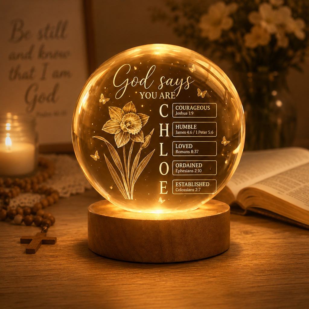 Personalized Crystal Ball Night Light with Name, Birth Flower & Bible Verse — Custom Christian 3D Engraved Keepsake Gift