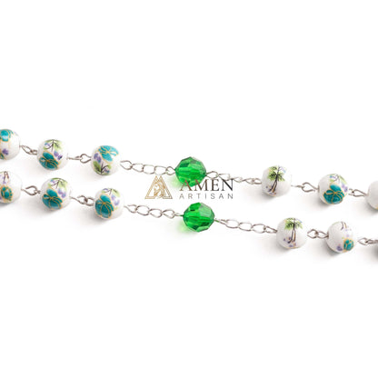 Cyan Floral Ceramic Rosary Amen Artisan