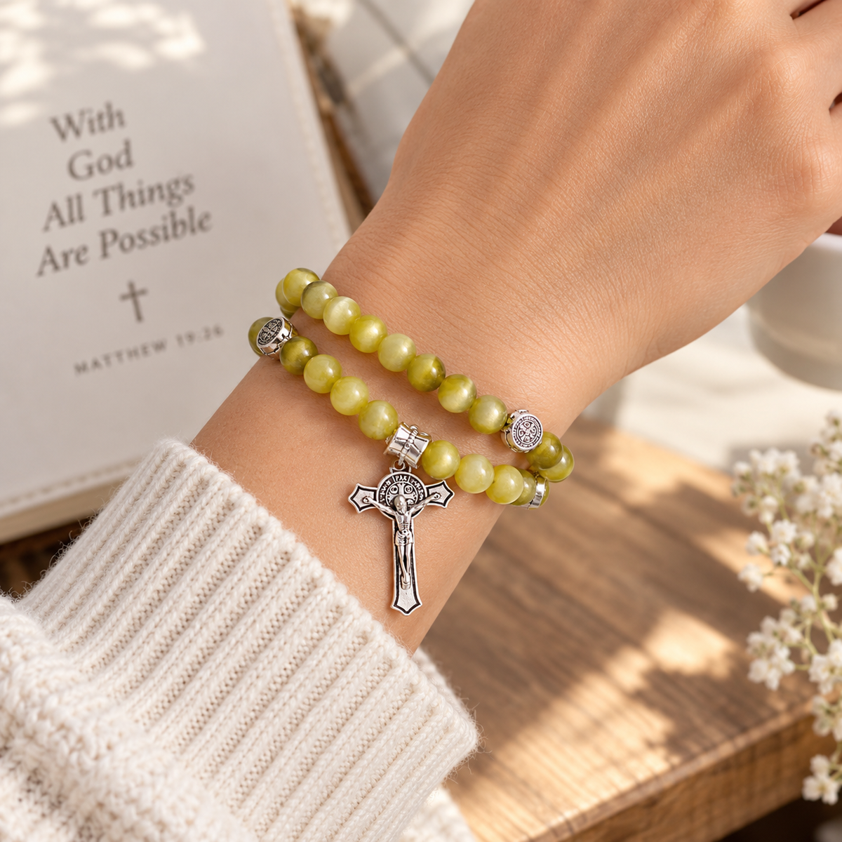 Olive Green St. Benedict Crucifix Beaded Wrap Bracelet and Necklace