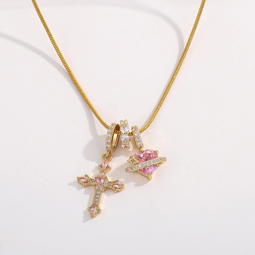 Pink Cross & Heart Charm Necklace