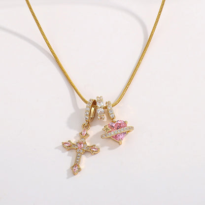 Pink Cross & Heart Charm Necklace