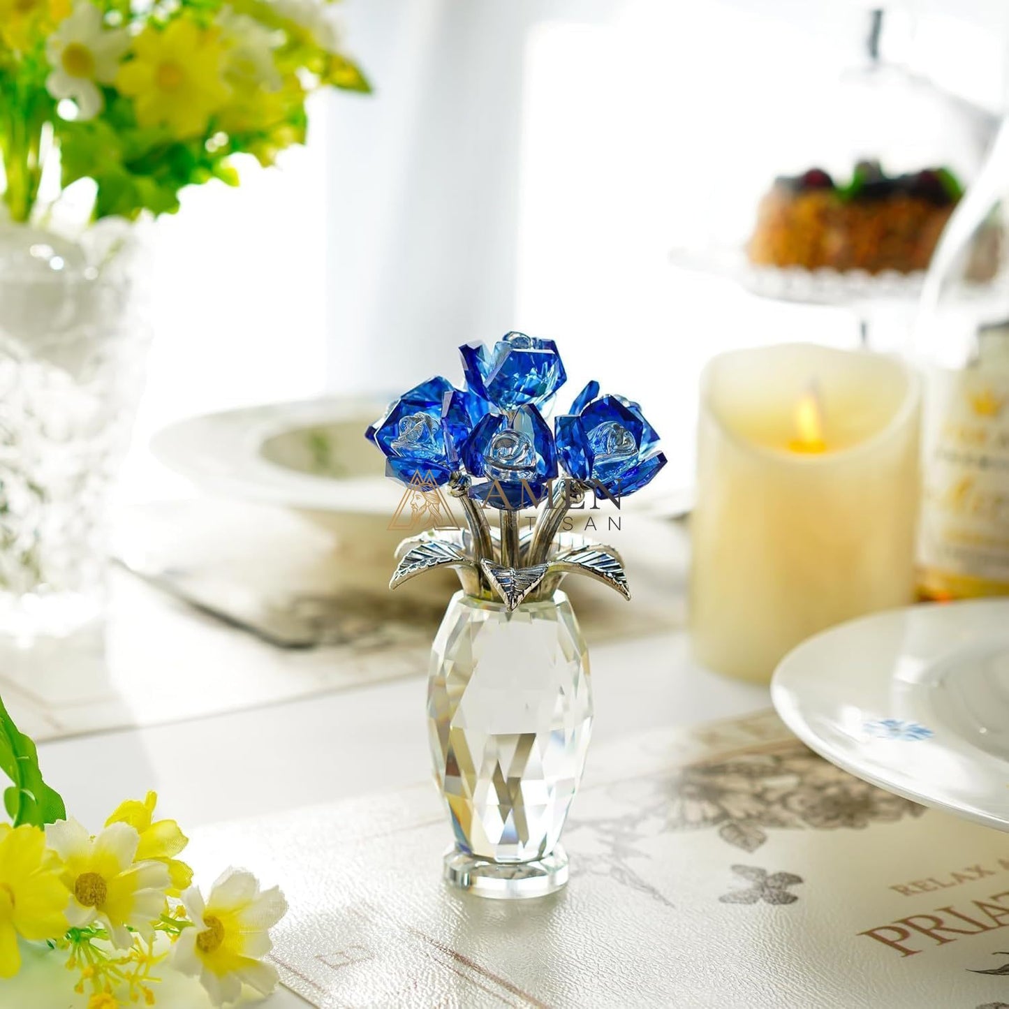 Crystal Blue Rose Statue Amen Artisan